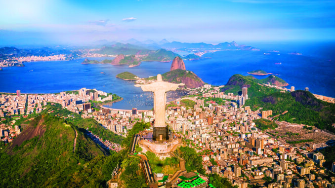 Rio de Janeiro, Brazil : Aerial view of Christ and Botafogo Bay
